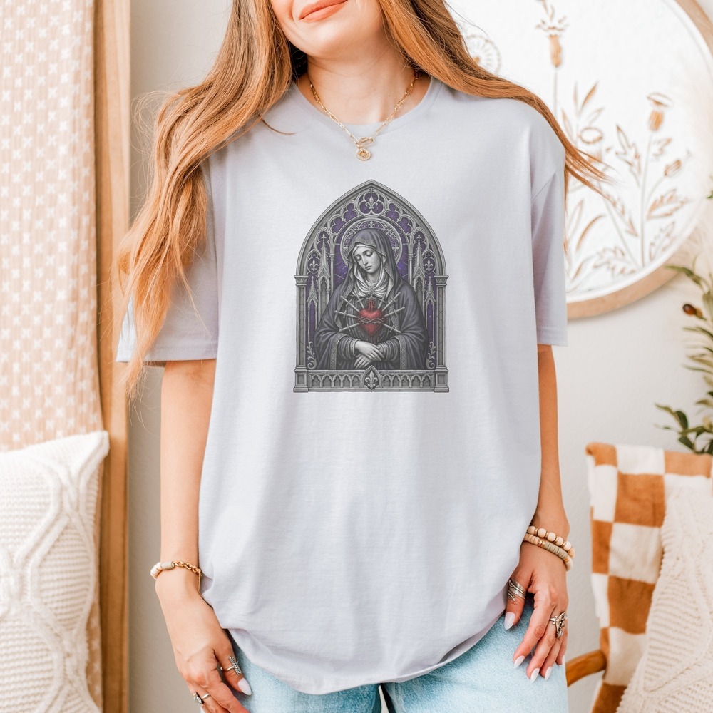 Our Lady of Sorrows Weeping in Gothic Arch Shrine Tee